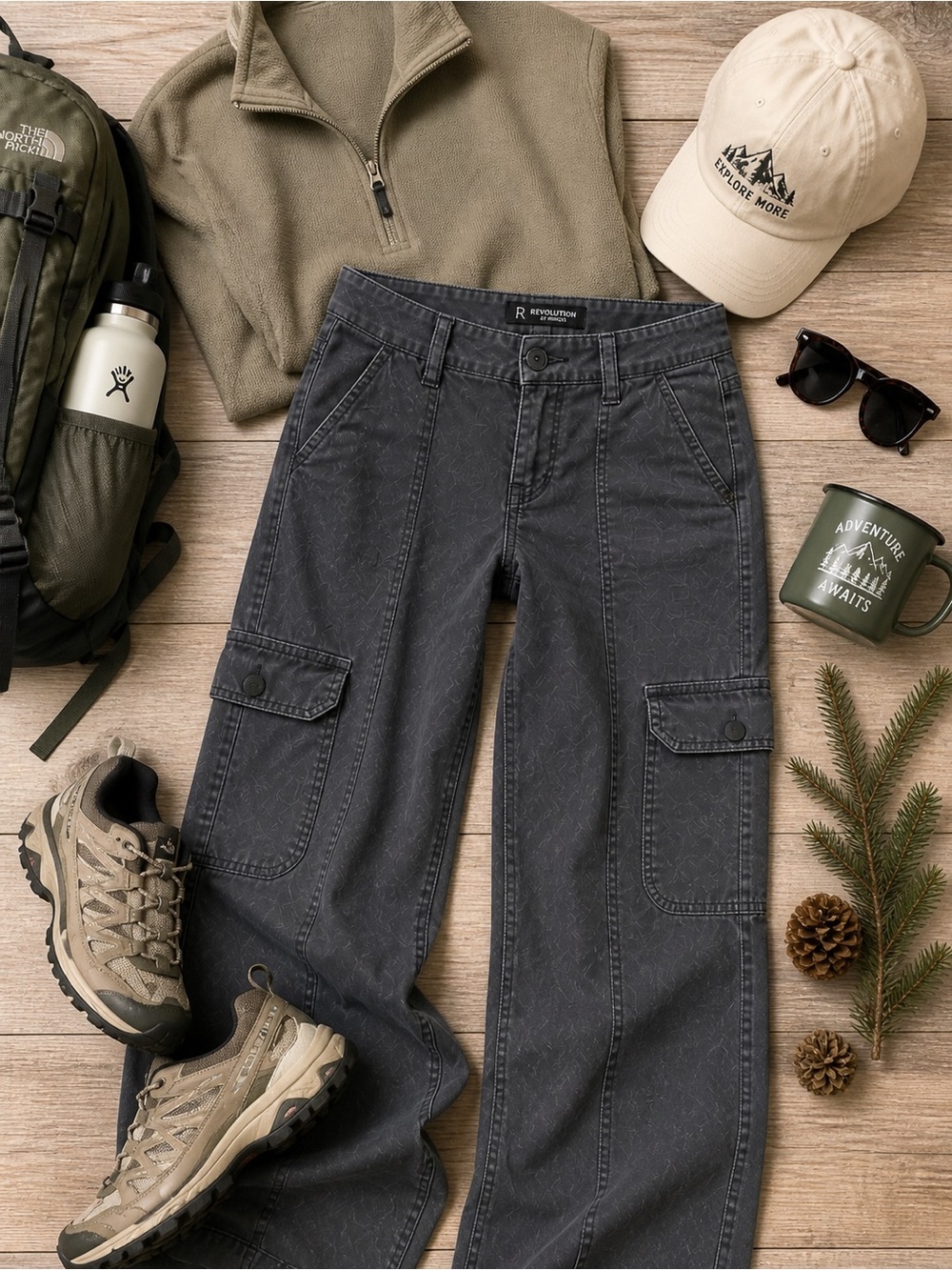 RICKIS Revolution Grey Wide Leg Cargo Stretch Utility Pants Sz 6 Pockets Y2K - Picture 6 of 16
